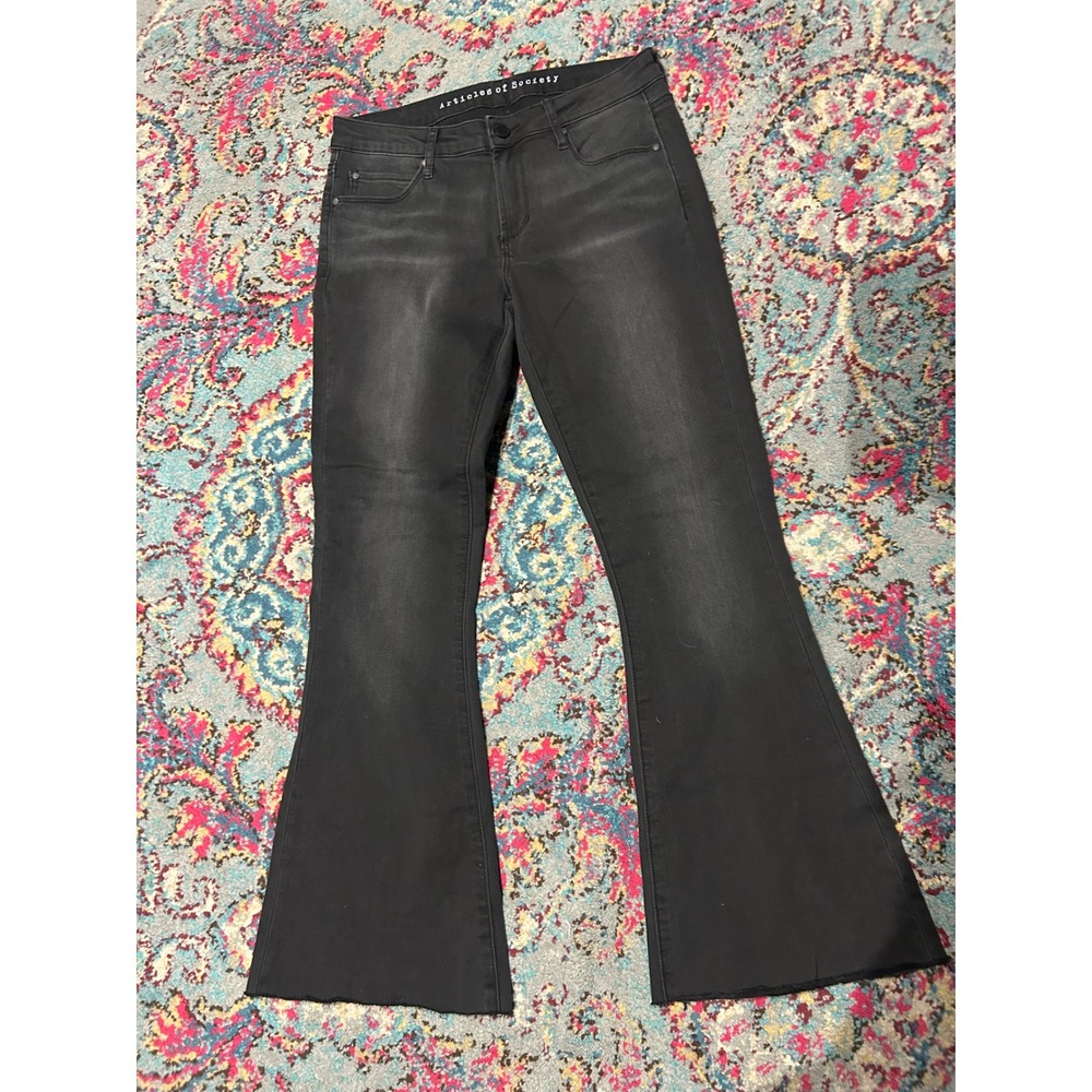 Articles of Society Black Flare Jeans Faded Wash Raw Hem Size 27